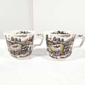 VTG Staffordshire Yorkshire Ironstone Tea Cups Brown Transferware England Pair 2